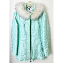 Load image into Gallery viewer, Vintage White Stag hooded puffer jacket mint green zipper faux fur trim