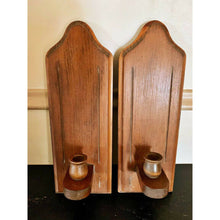 Load image into Gallery viewer, Vintage mid century modern wood tapered candle holder sconces