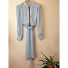 Load image into Gallery viewer, Vintage Prairie Dress Sz 10 Semi Sheer Elastic Waist Blue Chiffon Long Sleeve