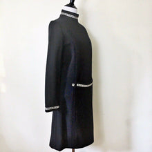 Load image into Gallery viewer, Vintage 1960s Dress Size 12 Black Long Sleeve Rhinestone Collar Cuff Belt Wool