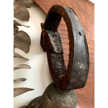 Load image into Gallery viewer, Vintage metal goat bell with leather strap barn find
