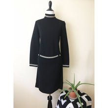 Load image into Gallery viewer, Vintage 1960s Dress Size 12 Black Long Sleeve Rhinestone Collar Cuff Belt Wool
