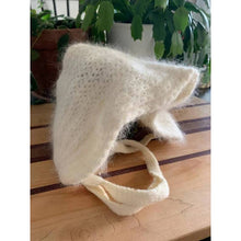 Load image into Gallery viewer, Vintage angora hand knit head warmer scarf half hat bonnet cream colored as is