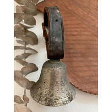 Load image into Gallery viewer, Vintage metal goat bell with leather strap barn find