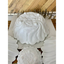 Load image into Gallery viewer, Vintage white milk glass nesting serving bowl set leaf and floral bottom