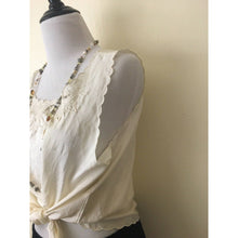 Load image into Gallery viewer, Vintage silk top size M/L sleeveless Vietnamese blouse semi sheer ivory lace detail