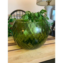 Load image into Gallery viewer, Vintage mid century green glass optic bowl ball vase diamond pattern scalloped edge