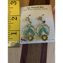 Load image into Gallery viewer, Vintage Gold Tone Dangle Earrings Metal blue Rhinestones