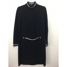 Load image into Gallery viewer, Vintage 1960s Dress Size 12 Black Long Sleeve Rhinestone Collar Cuff Belt Wool