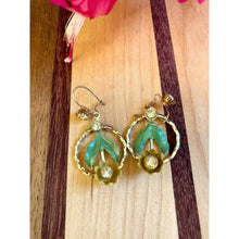Load image into Gallery viewer, Vintage Gold Tone Dangle Earrings Metal blue Rhinestones
