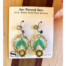 Load image into Gallery viewer, Vintage Gold Tone Dangle Earrings Metal blue Rhinestones