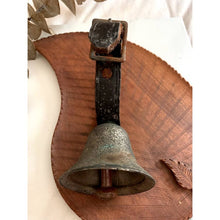 Load image into Gallery viewer, Vintage metal goat bell with leather strap barn find