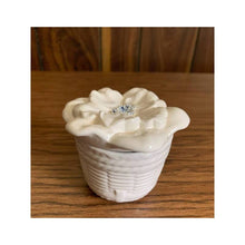 Load image into Gallery viewer, Vintage ceramic covered jewelry dish white basket weave floral
