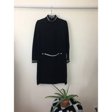 Load image into Gallery viewer, Vintage 1960s Dress Size 12 Black Long Sleeve Rhinestone Collar Cuff Belt Wool