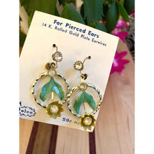 Load image into Gallery viewer, Vintage Gold Tone Dangle Earrings Metal blue Rhinestones