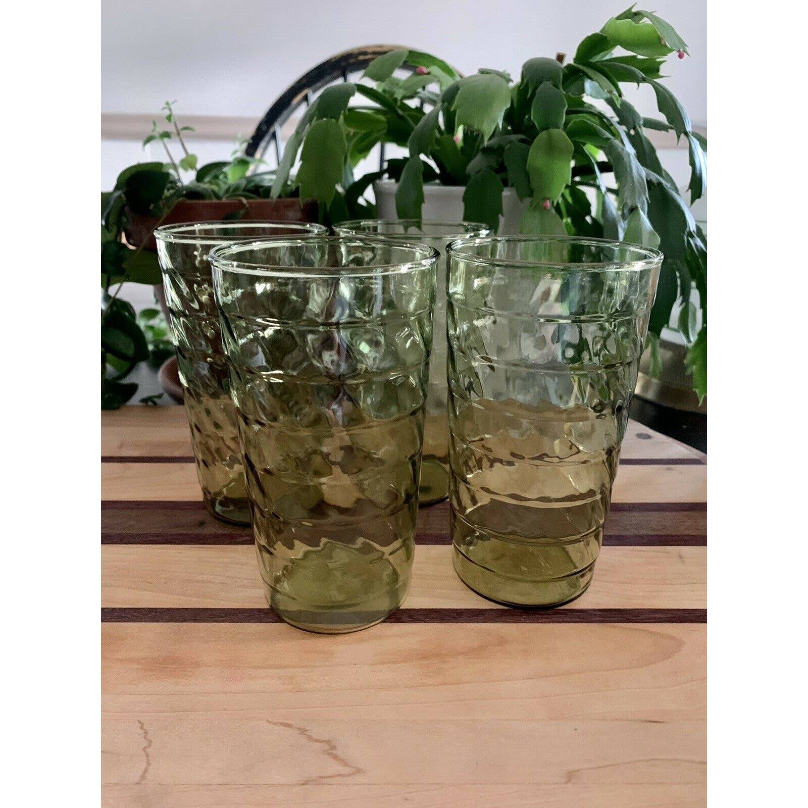4 Vintage Hand Painted Olive Green Decorative Glass Cups (6.5” H)
