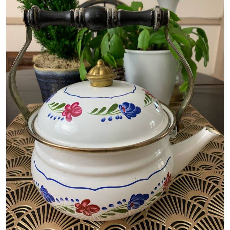 Vintage enamelware metal teapot white painted flowers wood handle