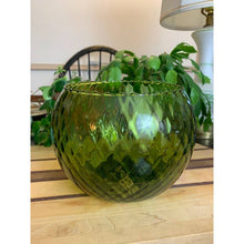 Load image into Gallery viewer, Vintage mid century green glass optic bowl ball vase diamond pattern scalloped edge