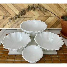 Load image into Gallery viewer, Vintage white milk glass nesting serving bowl set leaf and floral bottom