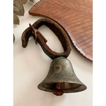 Load image into Gallery viewer, Vintage metal goat bell with leather strap barn find