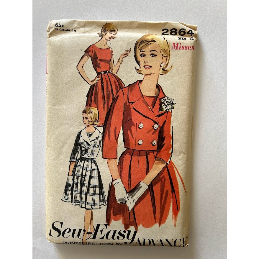 Vintage Advance sewing pattern #2864 size 14 dress and jacket 1960s