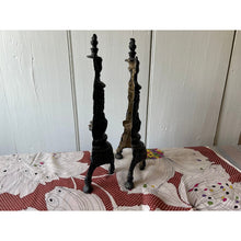 Load image into Gallery viewer, Antique ornate pair of fireplace andirons painted brass 12&quot;
