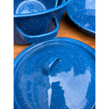 Load image into Gallery viewer, Vintage blue speckled enamelware pots and pans set imperfect
