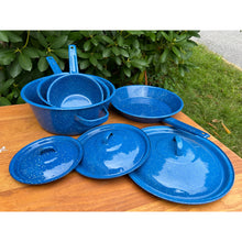 Load image into Gallery viewer, Vintage blue speckled enamelware pots and pans set imperfect
