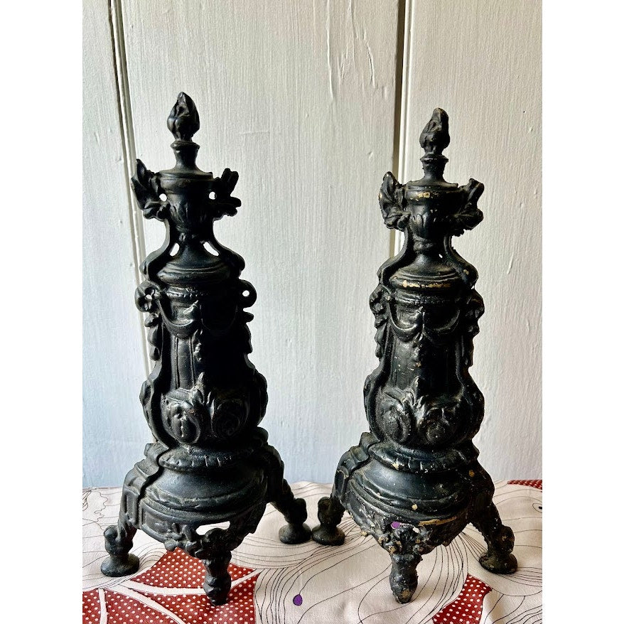 Antique ornate pair of fireplace andirons painted brass 12