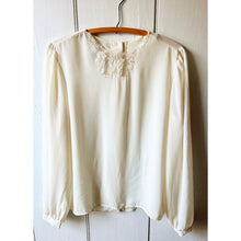 Load image into Gallery viewer, Vintage 80s blouse size 11/12 by Boltz cream color lace detail button back
