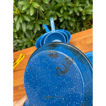 Load image into Gallery viewer, Vintage blue speckled enamelware pots and pans set imperfect
