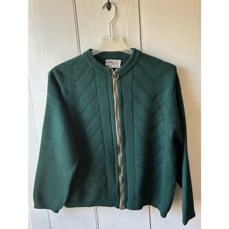 Vintage 60s Wagner cardigan sweater forest green full metal zip wool blend