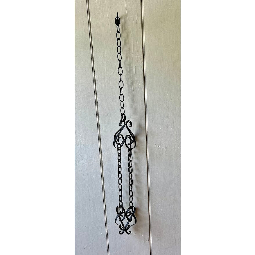 Vintage black wrought iron metal chain scroll plant hanger 42