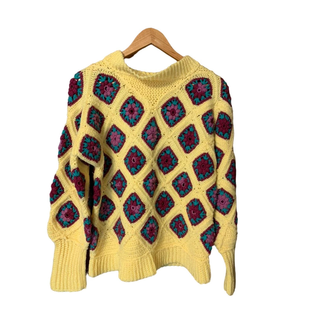 Vintage 70s handmade crochet yellow granny square blanket sweater size medium