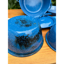 Load image into Gallery viewer, Vintage blue speckled enamelware pots and pans set imperfect
