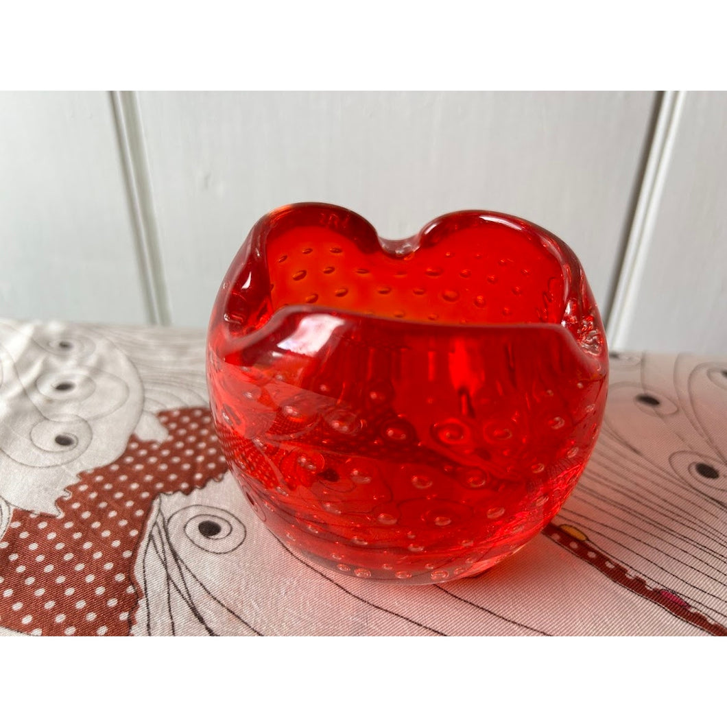 Vintage blown glass bowl ashtray red controlled bubbles