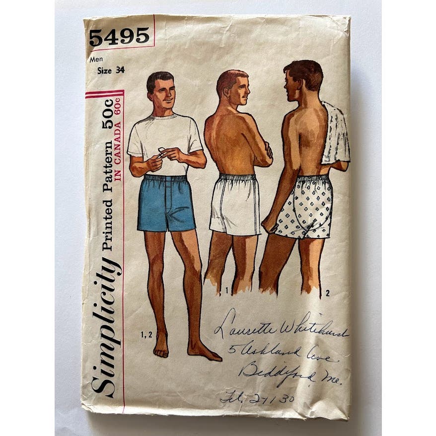 Vintage 60s boxer short underwear sewing pattern Simplicity 5495 size 34