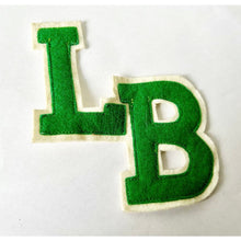 Load image into Gallery viewer, Vintage letterman varsity letters stitched green and white &quot;LB&quot;
