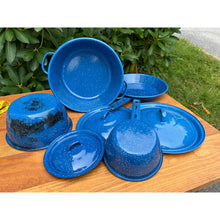 Load image into Gallery viewer, Vintage blue speckled enamelware pots and pans set imperfect
