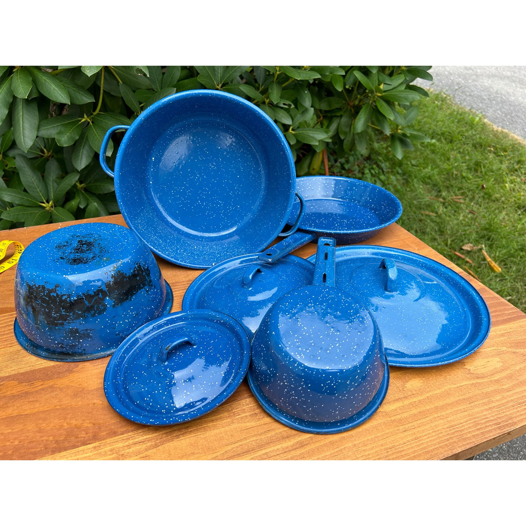 Vintage blue speckled enamelware pots and pans set imperfect