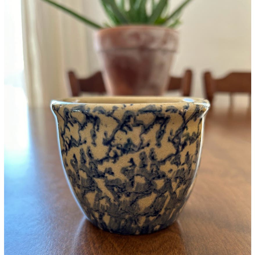 Vintage Roseville pottery cup 10 oz kitchen crock blue sponge