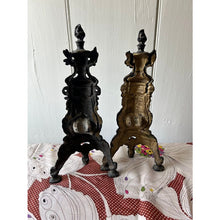 Load image into Gallery viewer, Antique ornate pair of fireplace andirons painted brass 12&quot;
