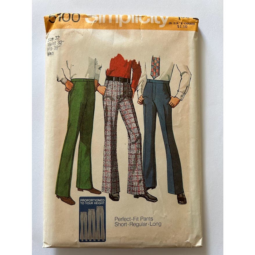 Simplicity pattern 5100 vintage 1970s flared men pants size 32 belled slacks