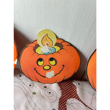 Load image into Gallery viewer, Vintage die cut Halloween Jacko lantern pumpkins flocked set of 3 imperfect
