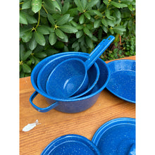 Load image into Gallery viewer, Vintage blue speckled enamelware pots and pans set imperfect
