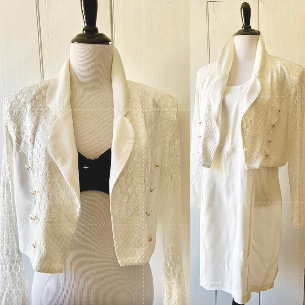 Vintage 90s dress and jacket set size 14 cream 1980s/90s shoulder pads suit lace