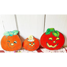 Load image into Gallery viewer, Vintage die cut Halloween Jacko lantern pumpkins flocked set of 3 imperfect
