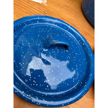 Load image into Gallery viewer, Vintage blue speckled enamelware pots and pans set imperfect
