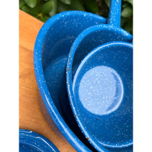 Load image into Gallery viewer, Vintage blue speckled enamelware pots and pans set imperfect
