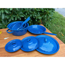 Load image into Gallery viewer, Vintage blue speckled enamelware pots and pans set imperfect
